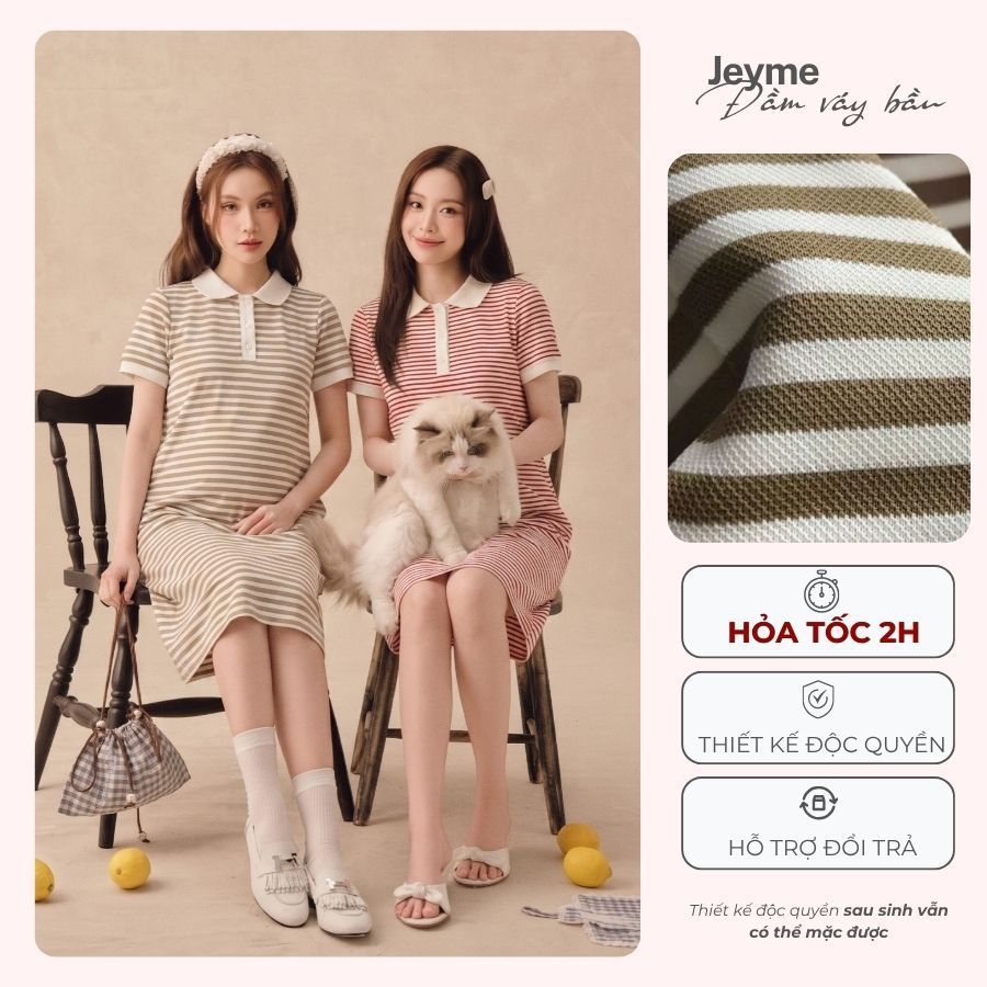 [Bestseller] Đầm Bầu Váy Bầu JEYME Cotton Kẻ Hàn Cổ Lá Sen Thanh Lịch Dáng Hàn Quốc Cao Cấp - JN002