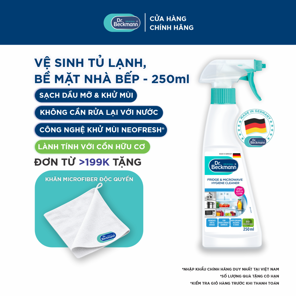 Chai Xịt Vệ Sinh Tủ Lạnh, Lò Vi Sóng, Thớt & Bề Mặt Nhà Bếp Dr. Beckmann An Toàn Cho Thực Phẩm, Khử Mùi Khó Chịu 250ml