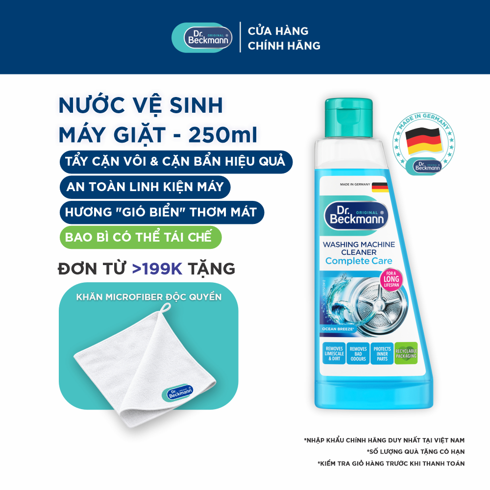 Chai Vệ Sinh Máy Giặt Toàn Diện Dr. Beckmann Hương Biển Khử Mùi, Tẩy Cặn Vôi, Bảo Vệ Ron Cao Su 250ml