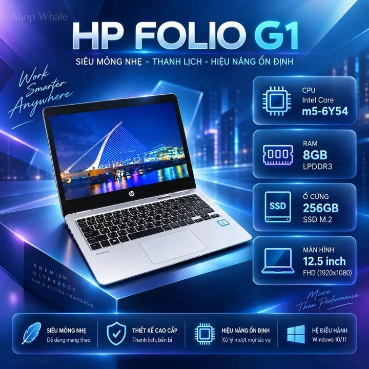 Laptop siêu mỏng HP Elitebook Folio G1 Core M5-6Y54, 8gb ram, 256gb SSD, 12.5” Full HD