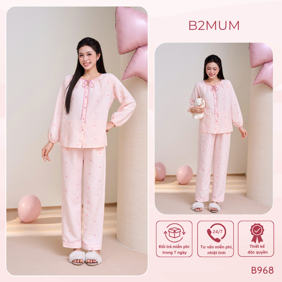 Bộ Pijama Bầu Chất Đũi Dài Tay Dáng Suông Họa Tiết Ngựa Hồng Xinh Xắn, Mặc Nhà Thoải Mái Swan Set B968 by B2MUM