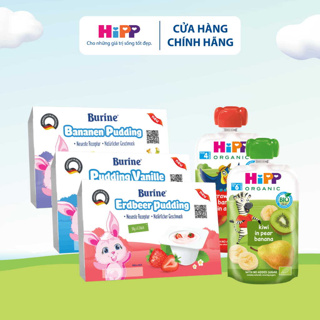 Combo Pudding Burine và Trái cây nghiền HiPP Organic dinh dưỡng dành cho bé