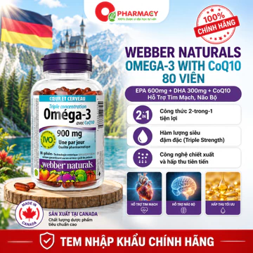 (Canada) Webber Naturals Omega-3 with CoQ10 80 Viên Chính Hãng EPA 600mg + DHA 300mg + CoQ10 Hỗ Trợ Tim Mạch, Não Bộ