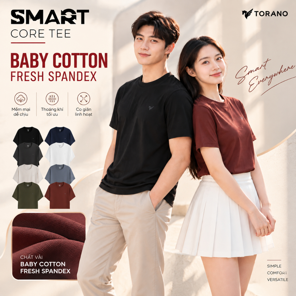 Áo thun nam ngắn tay SMART CORE TEE TORANO chất Cotton mát lạnh thoáng khí,co giãn thoải mái, thấm hút mồ hôi FSTS001