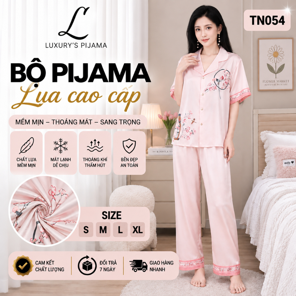 Đồ bộ LUXURY PIJAMA lụa latin cao cấp, mềm mịn sang trọng tay ngắn họa tiết hoa màu hồng TN054