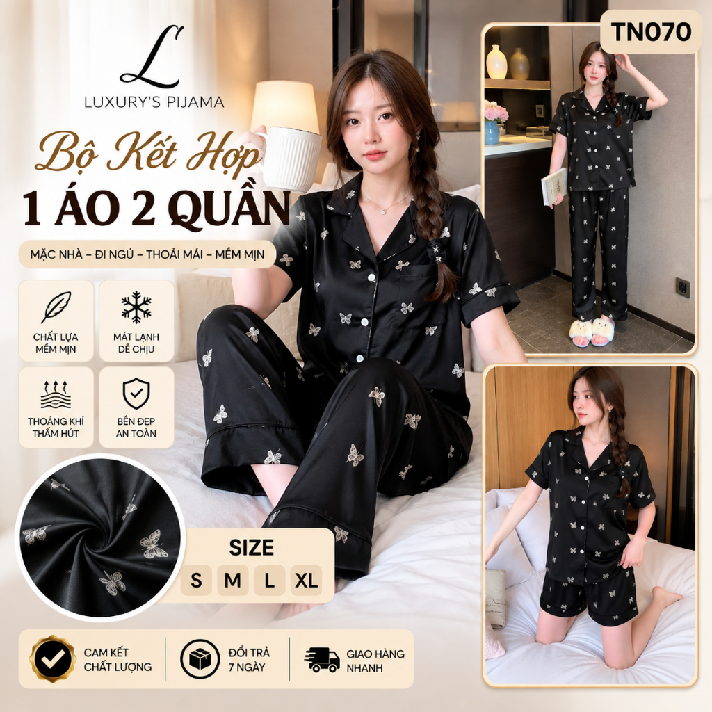 Đồ bộ KẾT HỢP LUXURY PIJAMA lụa latin, mềm mịn sang trọng tay ngắn màu đen họa tiết bướm TN070
