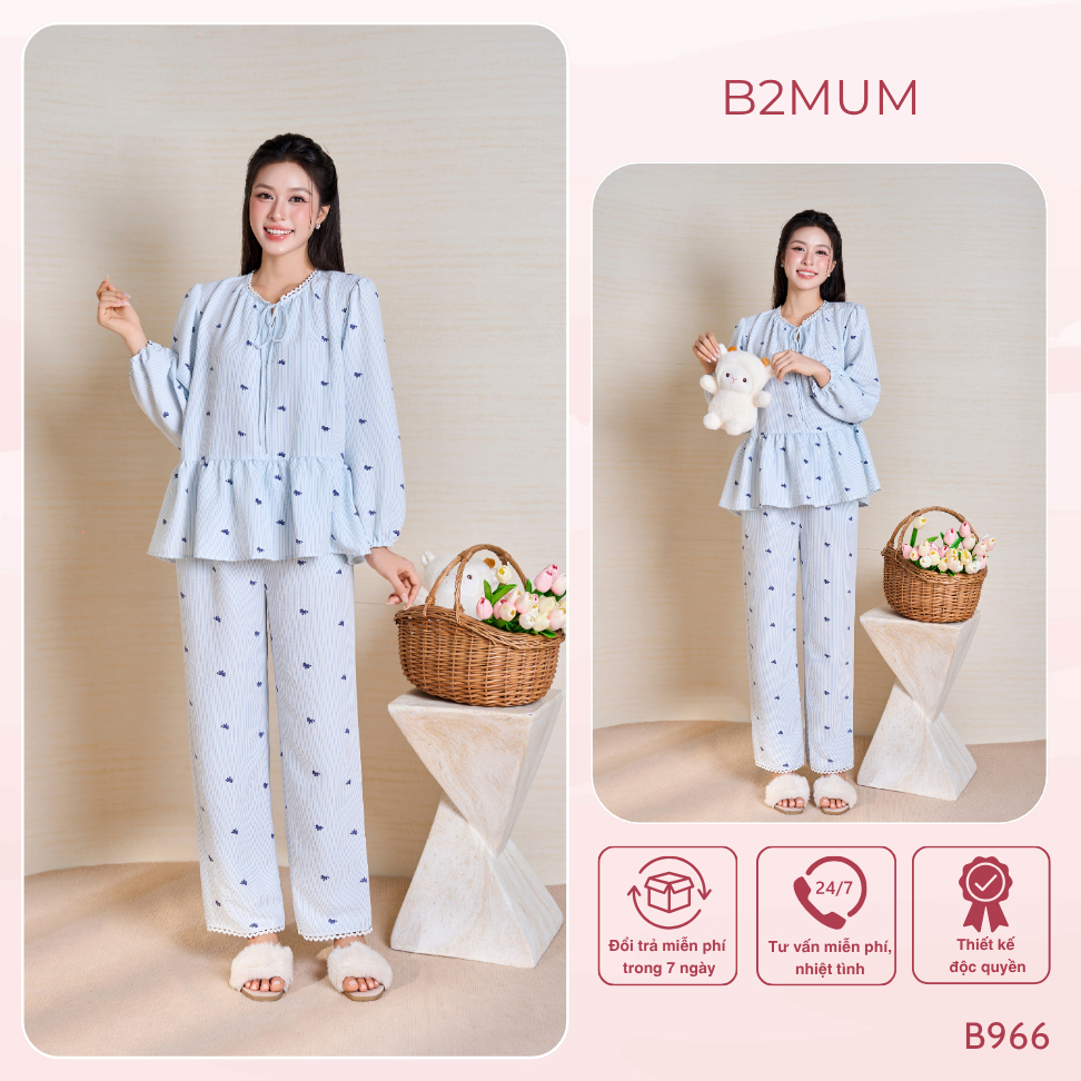 Bộ Pijama Bầu Chất Đũi Dài Tay Họa Tiết Ngựa Xanh Đuôi Áo Xòe Nữ Tính,  Mặc Nhà Thoải Mái Rina Set B966 by B2MUM