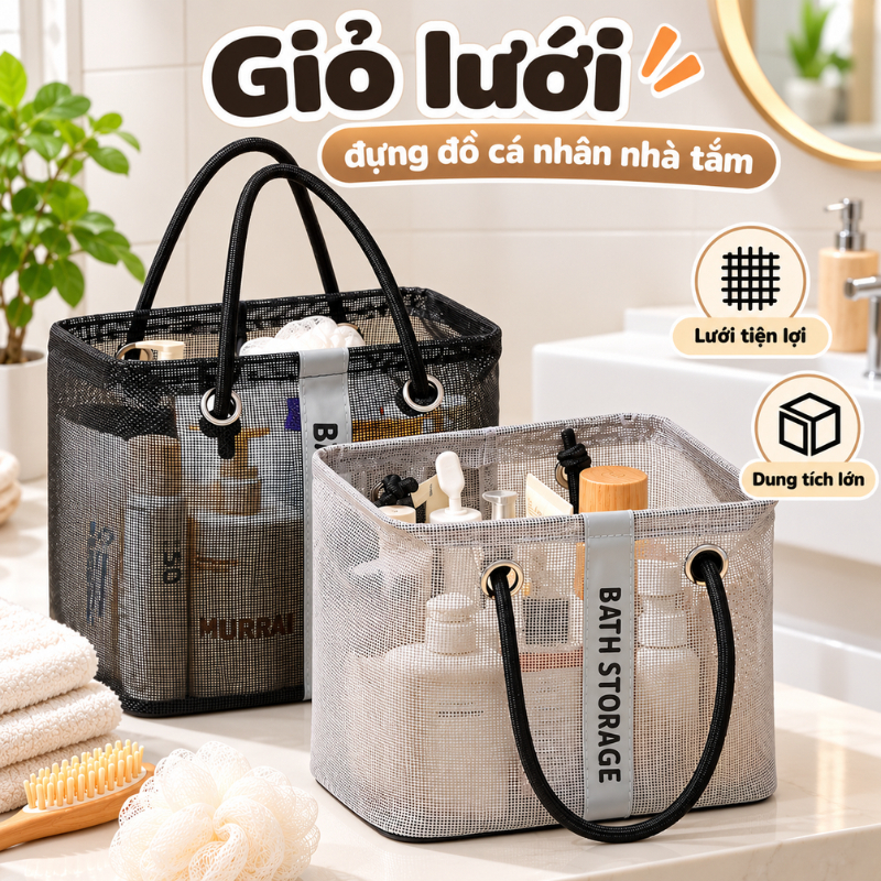 Giỏ Lưới Đựng Đồ Cá Nhân Nhà Tắm, Nhà Hơi, Du Lịch – Túi Đựng Mỹ Phẩm, Dụng Cụ Vệ Sinh Nhanh Khô