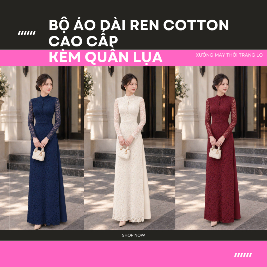 Bộ Áo Dài Ren Cotton Cao Cấp, Kèm Quần Lụa, Sang Trong Cho Phái Đẹp