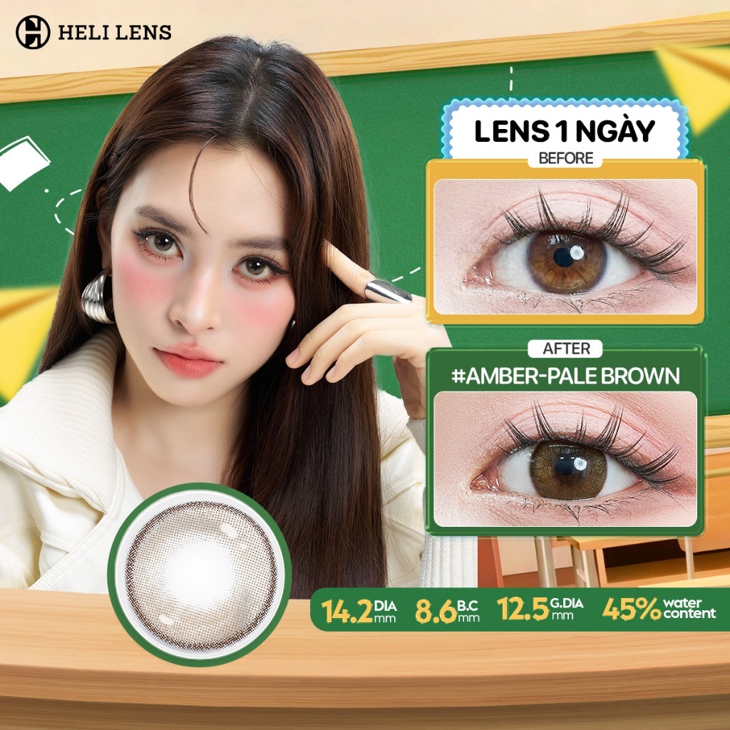 [1 Chiếc] Kính Áp Tròng Heli Lens 1 Ngày Màu Amber-Pale Brown Trendy Mỏng Nhẹ Mắt Độ Cận 0-8 Độ