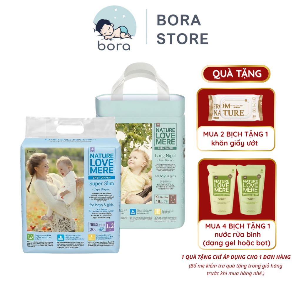 Bỉm Nature Love Mere nội địa Hàn bản ngày và bản đêm đủ size siêu thấm hút cho bé