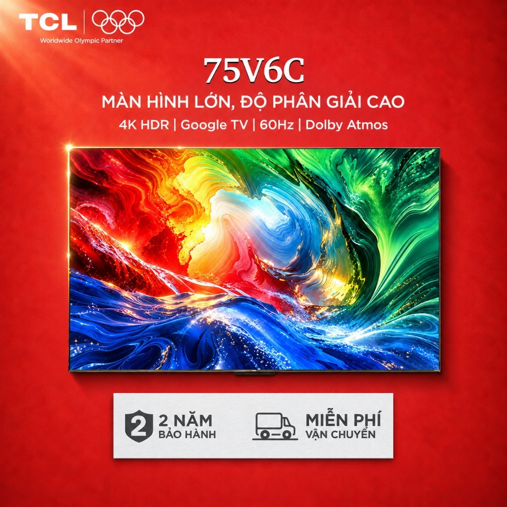 【4K Màn Hình Lớn】TCL 75V6C, Google TV, HDR Độ Nét Cao, Âm Thanh Chuyên Nghiệp Dolby Atmos - Bảo Hành 2 Năm