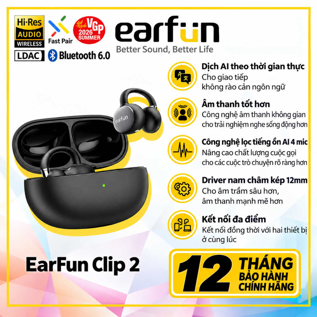 Tai nghe Bluetooth Earfun Clip 2 (Open-Ear) Bluetooth 6.0, Hi-Res LDAC, Pin 40h, Dịch thuật AI | BigBuy360 - bigbuy360.vn