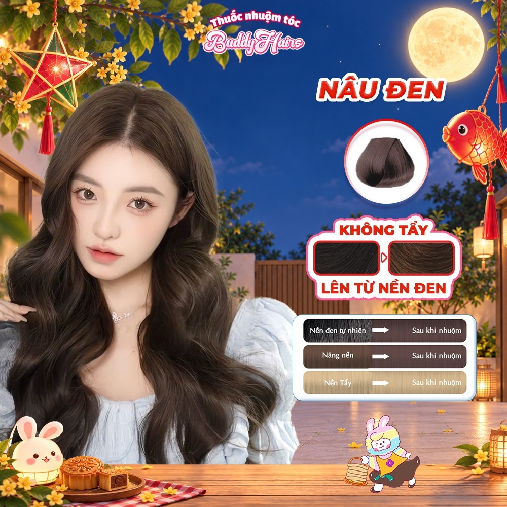 Thuốc nhuộm tóc màu NÂU ĐEN, thuốc nhuộm tóc không cần tẩy, kem nhuộm tóc tại nhà Buddyhairs tặng kèm dụng cụ