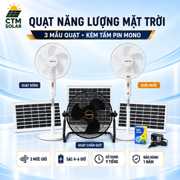 Quạt Năng Lượng Mặt Trời SolarFan Tích Điện, Quạt Đứng và Quạt Chân Quỳ, Có Đèn LED và Chức Năng Đuổi Muỗi