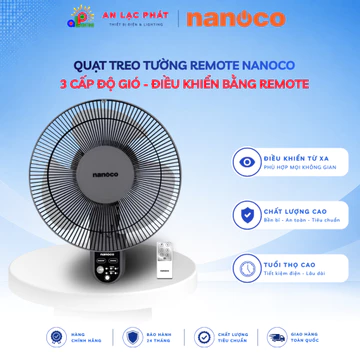 Quạt treo tường Remote Nanoco Chính Hãng, công suất 30W, 3 cánh quạt, 3 cấp độ gió, điều khiển bằng Remote- NWF1219RC