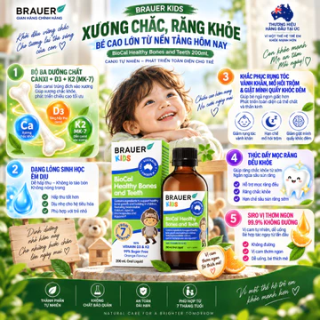 Siro Canxi Sinh Học Brauer Kids BioCal Healthy Bones and Teeth 200ml - Bổ Sung Canxi D3 K2 Cho Bé Từ 7 Tháng (Không Táo)