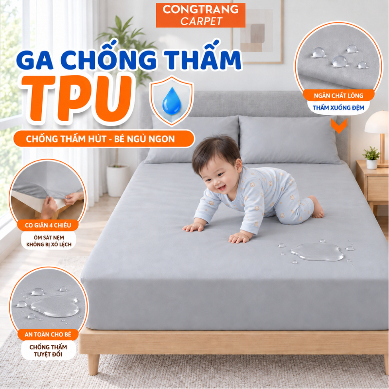 Ga Chống Thấm CongTrang Bedding Trơn Một Màu Nhiều Kích thước, Chống Thấm Nước Tuyệt Đối, An Toàn Cho Trẻ Nhỏ