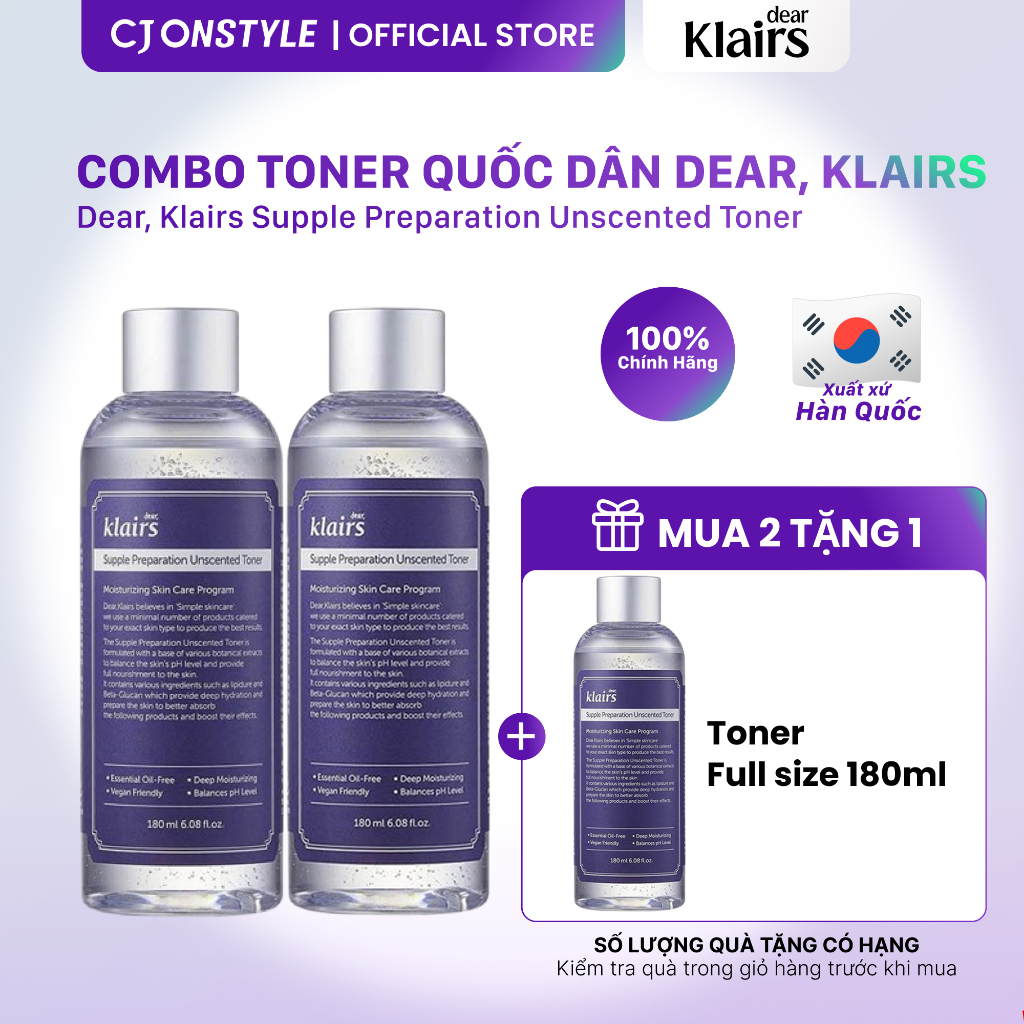 [MUA 2 TẶNG 1 FULL SIZE] Combo 2 Nước hoa hồng Dear, Klairs Unscented Toner quốc dân, dưỡng ẩm sâu 180ml