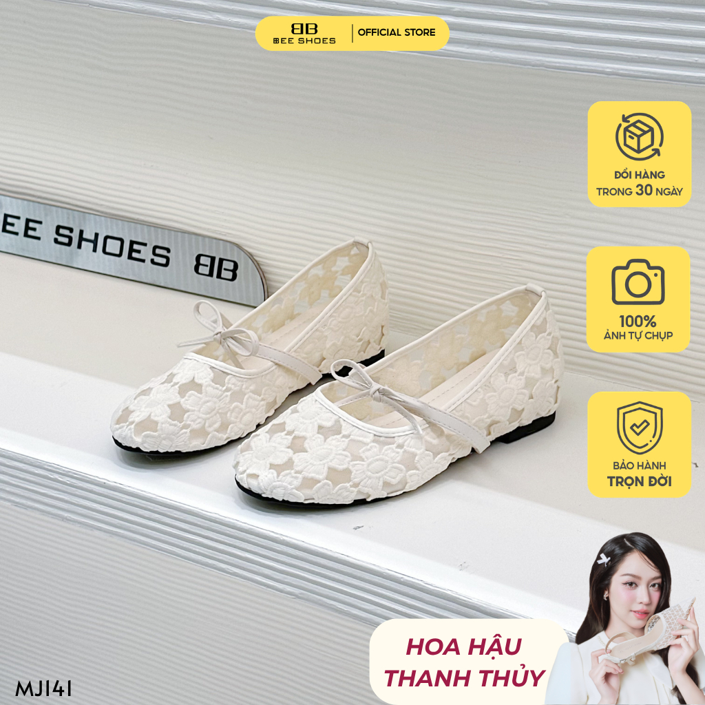 Giày mary jane nữ BEESHOES lưới thêu hoa, mũi tròn đế vuông cao 3 phân sẵn màu kem MJ141 (Form 1.5)