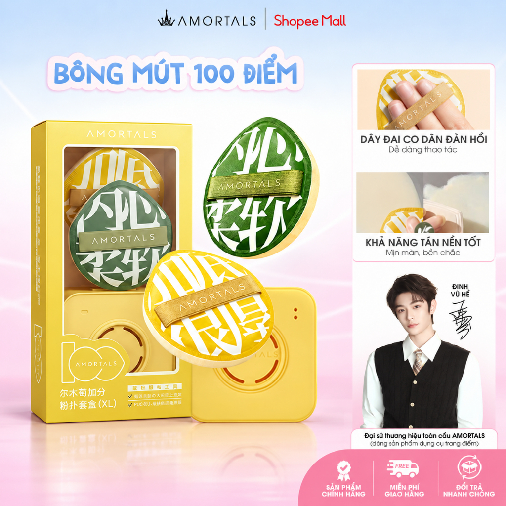 Mút Trang Điểm AMORTALS 100 Điểm Chính Hãng Giúp Đánh Nền, Kem Lót Và Cushion Chuyên Nghiệp Kèm Hộp
