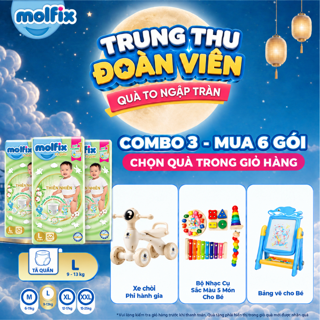 [Mua 6 gói_Chọn QUÀ trong giỏ hàng] Combo 3 Tã/bỉm quần Molfix Thiên nhiên Super Jumbo sợi bông cotton đủ size cho Bé