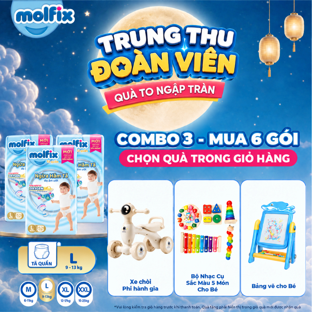 [Mua 6 gói_Chọn QUÀ trong giỏ hàng] Combo 3 Tã/bỉm quần Molfix Oxy Super Jumbo giúp Ngừa Hăm Tã đủ các size cho Bé