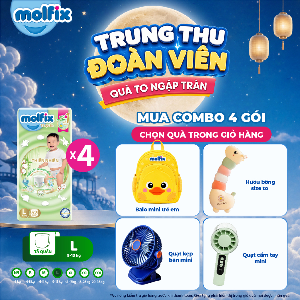 [Chọn QUÀ trong giỏ hàng] Combo 4 Tã/bỉm quần Molfix Thiên nhiên Super Jumbo đủ size M56/L52/XL46/XXL42