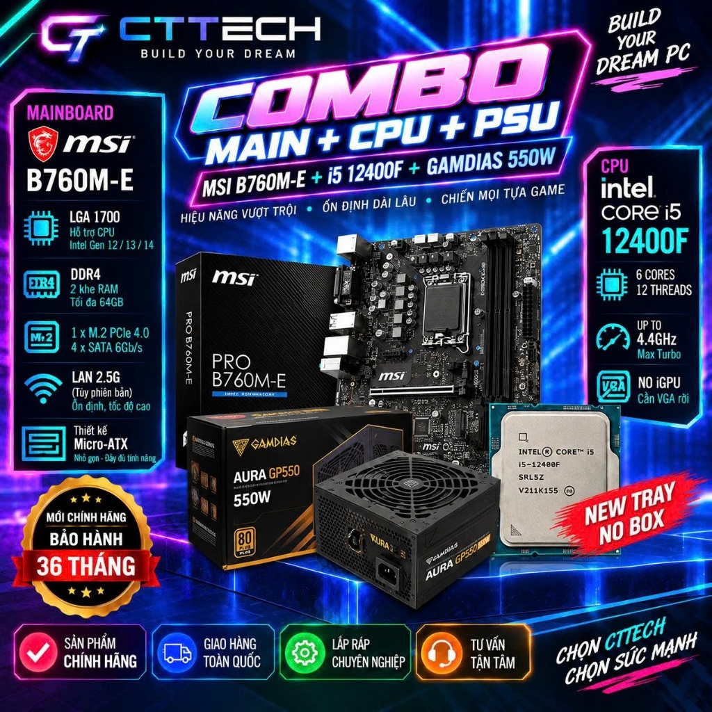 Bộ máy CTTECH 07 MSI RTX 3060 12GB / I5-12400F / MSI B760M-E / RAM 32GB / SSD NVMe 512GB / Mới BH 36 Tháng | BigBuy360 - bigbuy360.vn