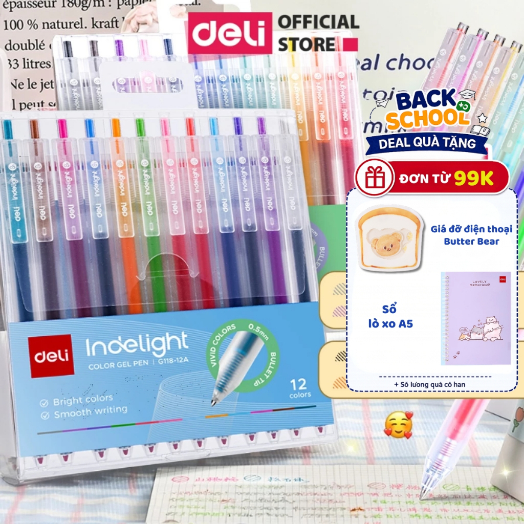 [🔥25/9 TẶNG SỔ] Set 12 màu bút bi nước mực gel bấm Deli nhanh khô viết trơn phù hợp học sinh ghi chú học tập take note