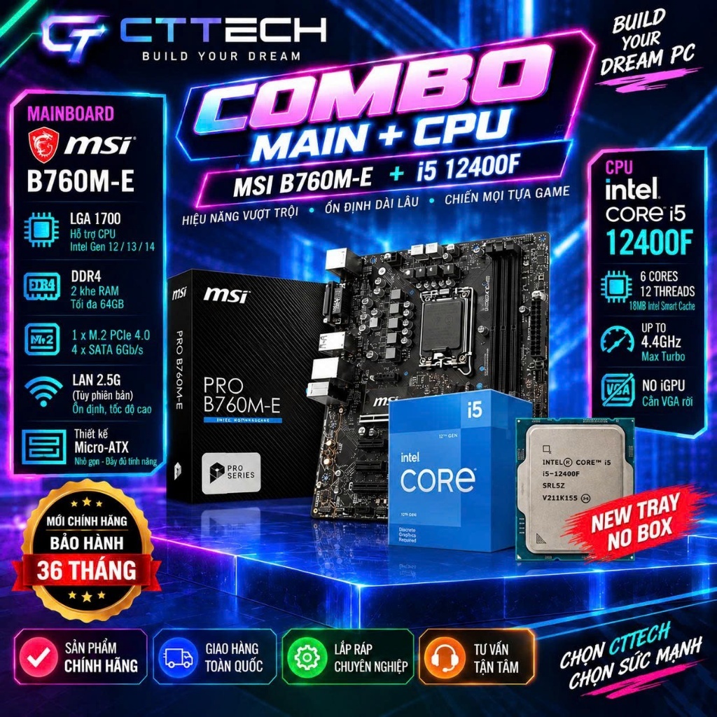 Bộ máy CTTECH 07 MSI RTX 3060 12GB / I5-12400F / MSI B760M-E / RAM 32GB / SSD NVMe 512GB / Mới BH 36 Tháng | BigBuy360 - bigbuy360.vn