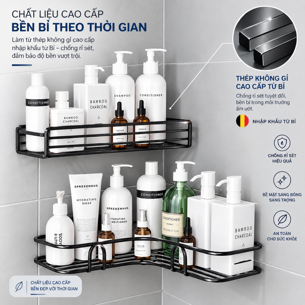 Kệ Nhà Tắm Treo Tường - Kệ Góc Dán Tường - Kệ Đựng Gia Vị Nhà Bếp, Kệ Để Gia Vị Nhà Bếp