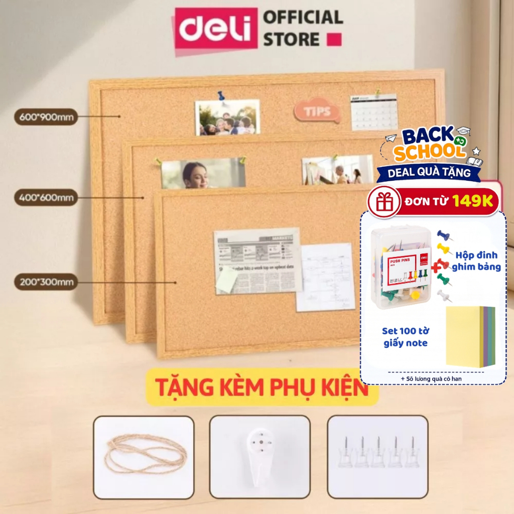 [🔥9/9 TẶNG COMBO QUÀ] Bảng Ghim Gỗ Bần Deli Nhiều Size Tặng FULL Phụ Kiện Ghim Tài Liệu Ghi Chú Treo Ảnh