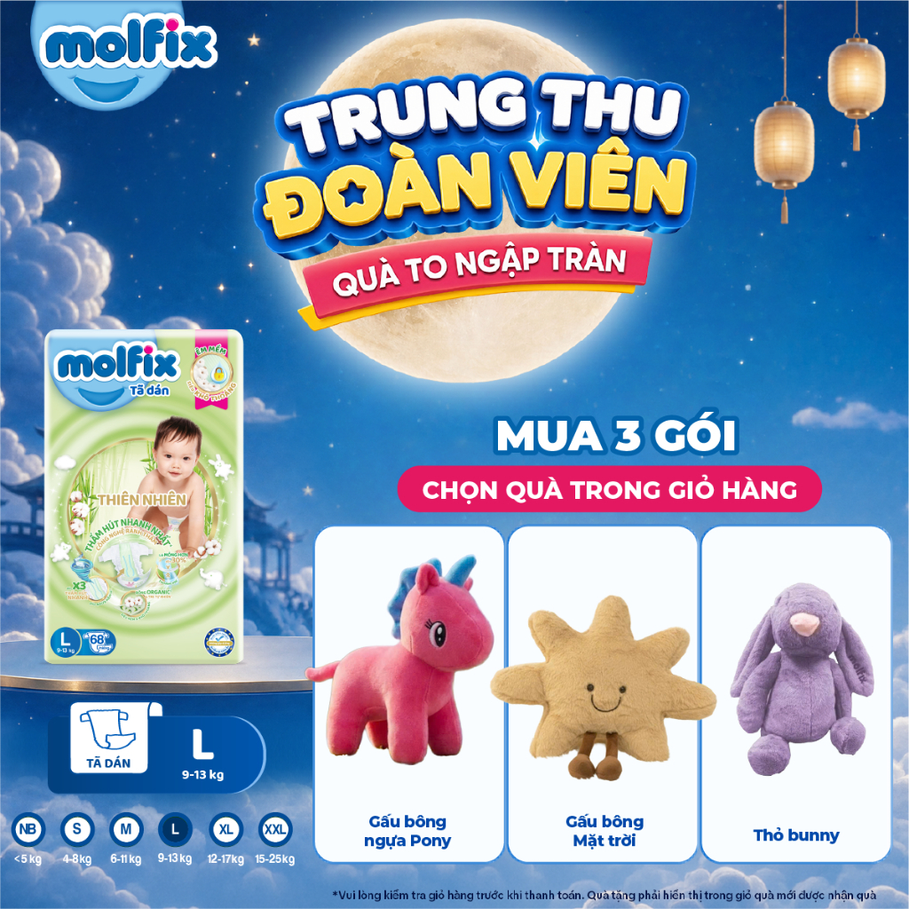 [Mua 3 gói_Chọn QUÀ trong giỏ] Tã dán thiên nhiên Molfix Super Jumbo đủ các size S80/M76/L68/XL64/XXL54 cho Bé