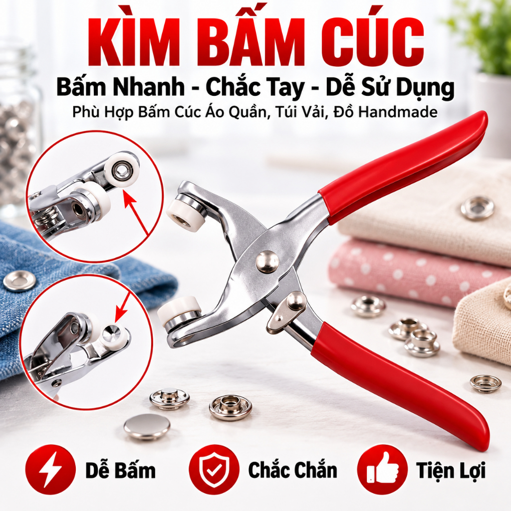 Kìm Bấm Khoen , Bấm Khuy Tặng 100 Khoen Mạ Vàng , Kìm Bấm Cúc Đa Năng Kèm 100 Chi Tiết Cúc Bằng Thép Không Gỉ