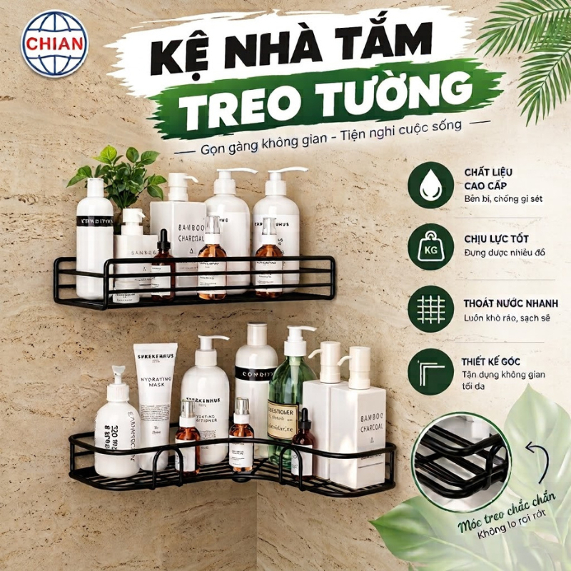 Combo 2 Kệ góc nhà tắm - Kệ chữ nhật - 2KG001 - Thép Cacbon sơn tĩnh điện kèm miếng dán
