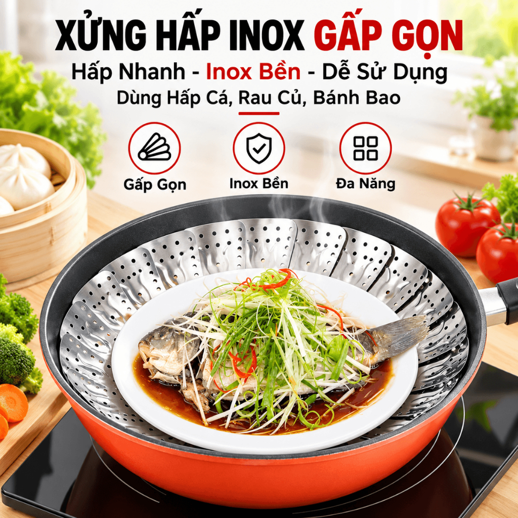 Xửng Hấp Inox Cao Cấp, Vỉ Hấp Đa Năng, Mở Rộng Hoặc Thu Nhỏ Tùy Ý Kèm Chân Phù Hợp Với Hầu Hết Các Loại Xoong Nồi AK896