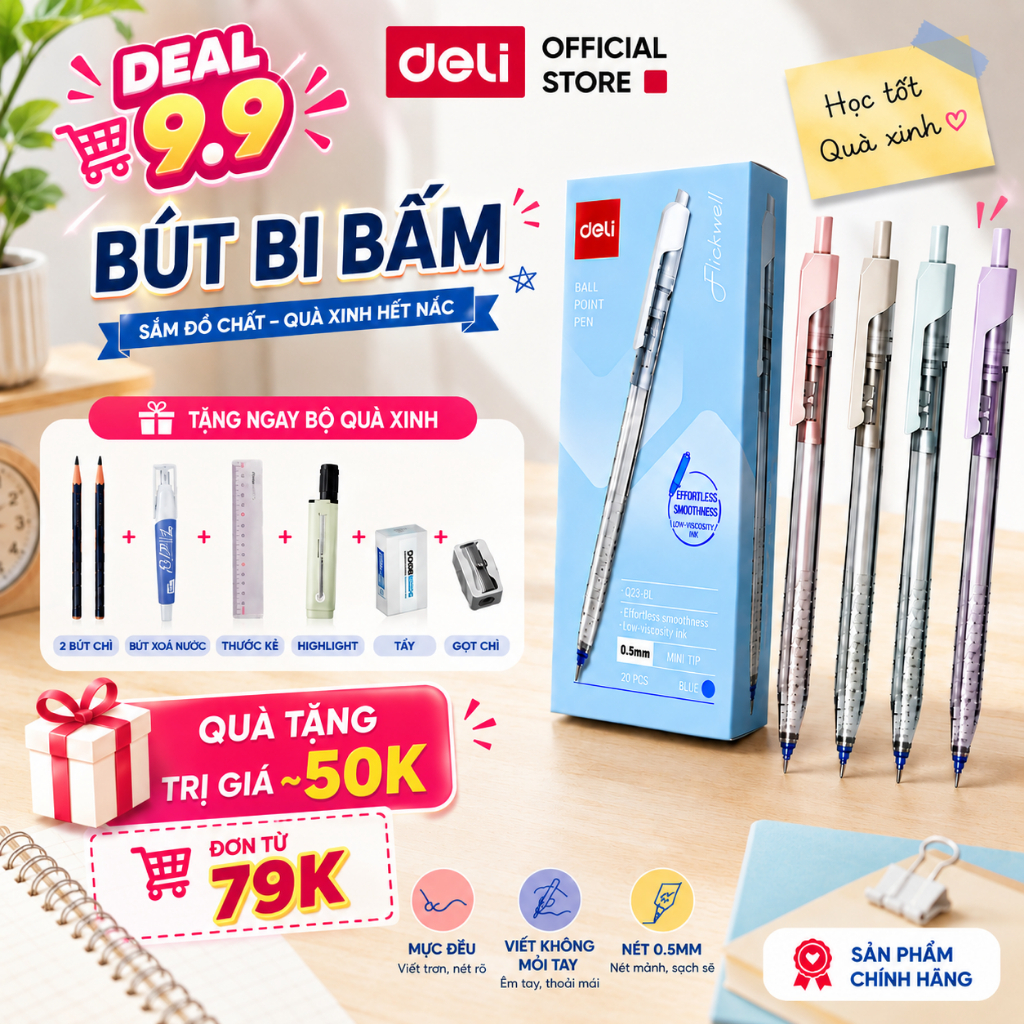 [🔥9K/5 BÚT] Combo 5/10/20 Bút Bi EQ32 Deli Ngòi 0.5mm Nét Thanh Mảnh Màu Pastel Phù Hợp Với HSSV, Văn Phòng