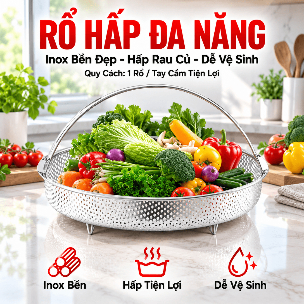 KHAY HẤP ĐỒ ĂN INOX 2 QUAI XÁCH XỊN 23CM , Khay rổ - Rá/ Rổ/ Vỉ Hấp Bằng Thép Không Gỉ Đa Chức Năng - XỬNG HAP THUC AN