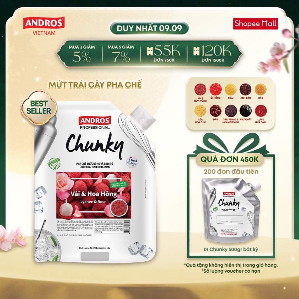 [BEST SELLER] Mứt Trái Cây Pha Chế – Có miếng trái cây thật – Nguyên liệu pha chế – ANDROS CHUNKY – 1kg