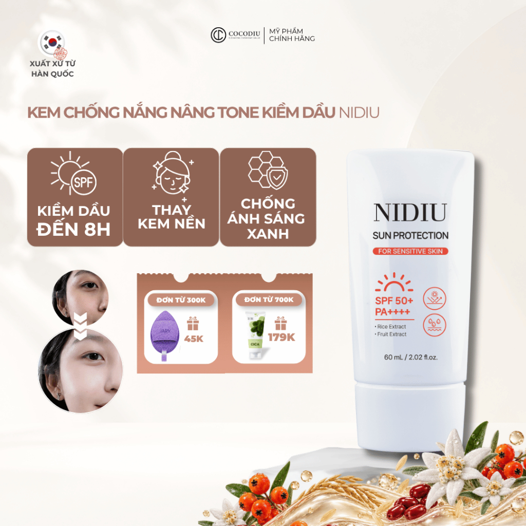 Kem chống nắng nâng tone, kiềm dầu tự nhiên NIDIU SUN PROTECTION SPF50+ PA++++ 60ML