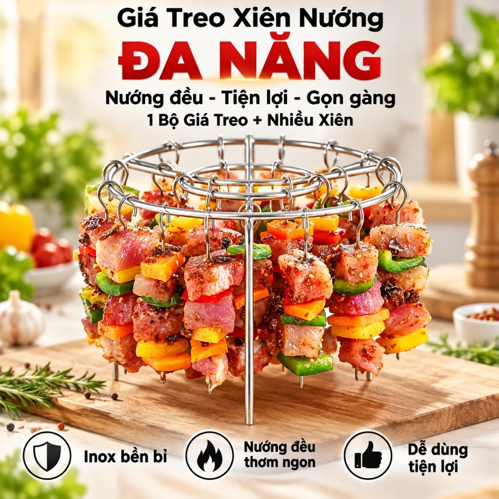 BỘ 24 GIÁ XIÊN NƯỚNG THỊT INOX 304 KHÔNG GỈ - Nướng Chín Đều Không Cần Lật