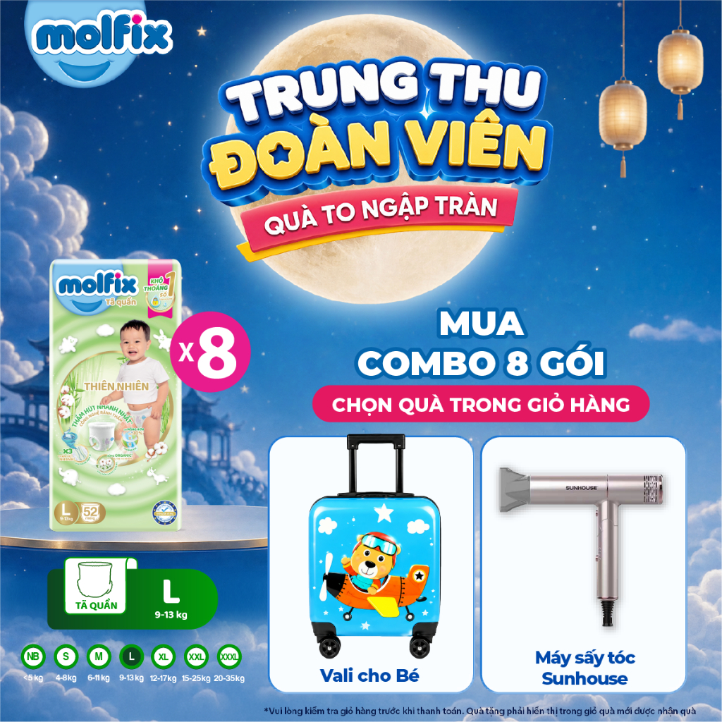 [Chọn QUÀ trong giỏ hàng] Combo 8 Tã/bỉm quần Molfix Thiên Nhiên Super Jumbo (CÓ MIX SIZE) bông cotton organic