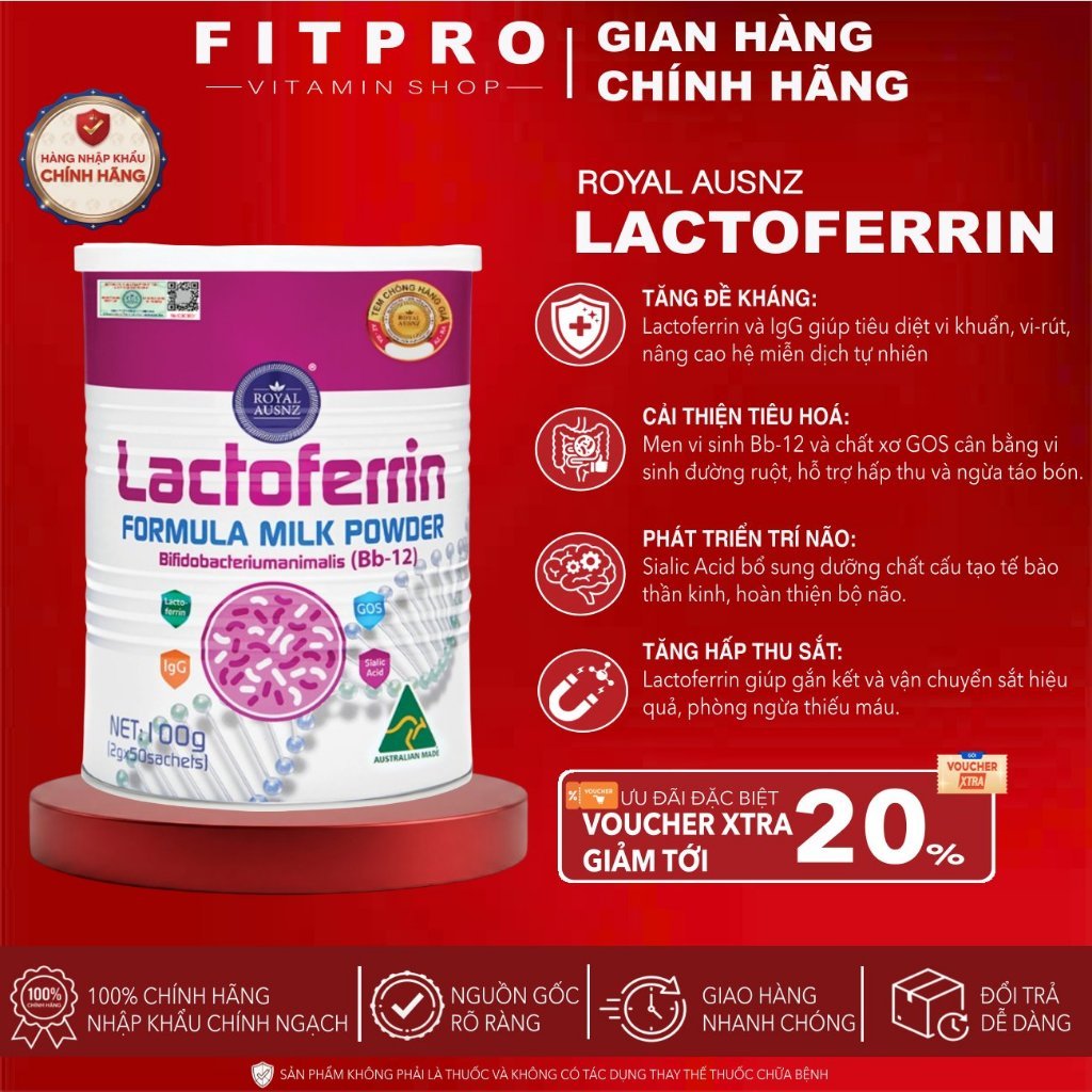 Sữa Hoàng Gia Úc Royal Ausnz Lactoferrin Hồng (Hộp 50 gói), Giúp Tăng Đề Kháng, Miễn Dịch Cho Bé