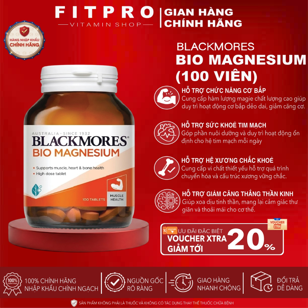Viên Bổ Sung Magie Blackmores Bio Magnesium (100 Viên) Phục Hồi Cơ, Giảm Stress