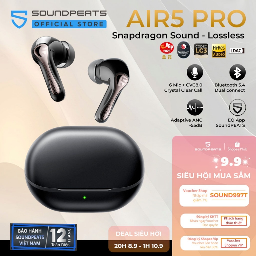 Tai nghe True Wireless SoundPEATS Air5 Pro ANC 55dB | LDAC Le Audio | APTX Lossless Bluetooth 5.4 | BigBuy360 - bigbuy360.vn