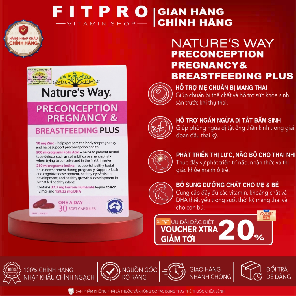 Viên Uống Vitamin Tổng Hợp Cho Bà Bầu Nature's Way PreConception Pregnancy Breastfeeding Plus (30 Viên) | FITPRO