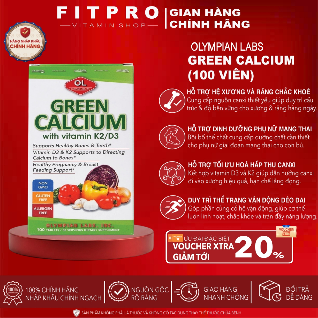 Viên uống Olympian Labs Green Calcium (100 Viên), Bổ Sung Canxi hữu cơ, D3 K2, không táo bón