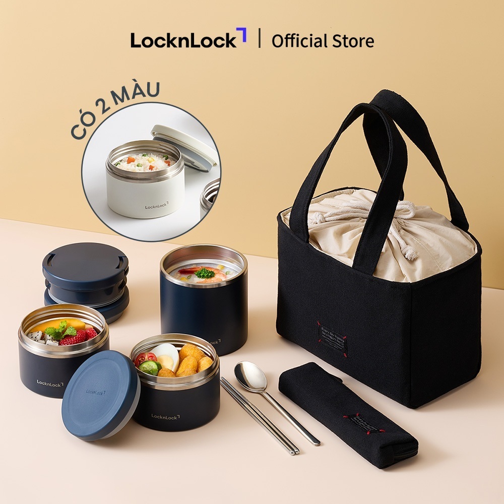 Bộ hộp cơm giữ nhiệt LocknLock Pump One-Touch Lunch Box Set LHC8011S01, có đũa, thìa và túi, dung tích 1190ml- T2CMALL
