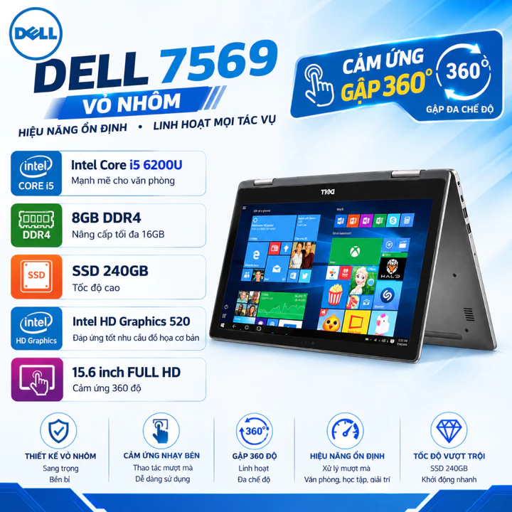 [Full HD cảm ứng] Laptop Dell 7569 7568 core i5 6200U vỏ nhôm màn cảm ứng gập 360 độ sang trọng cho văn phòng